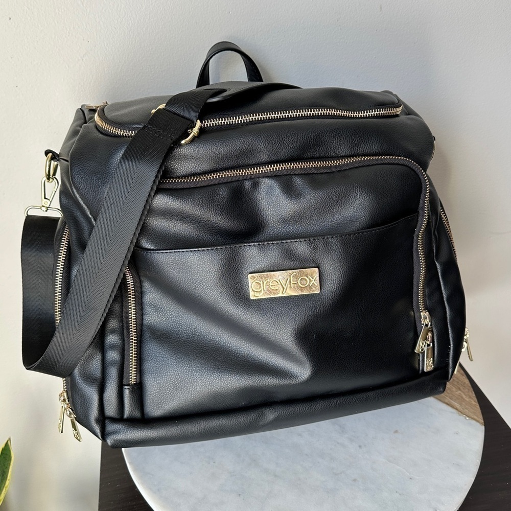 Greyfox Diaper Bag Vegan Leather Black Backpack with shoulder Strap Large